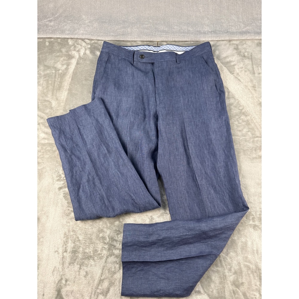 Savile Row Co Linen Trousers Mens 36x32 Blue Straight Leg Flat Front EUC